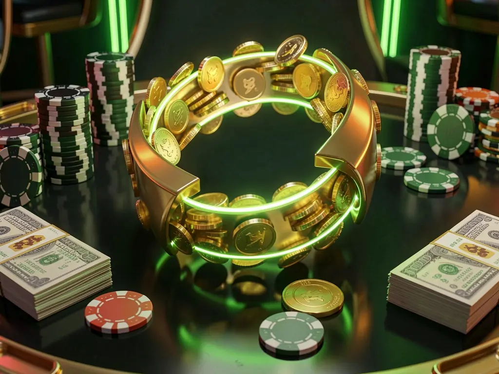 Visual bonus cashback kasino 999LS yang menampilkan koin emas kembali dalam gerakan panah melingkar dengan chip poker dan bundel uang tunai di atas meja gelap mengilap yang diterangi aksen hijau dan emas bercahaya dalam gaya kasino online premium
