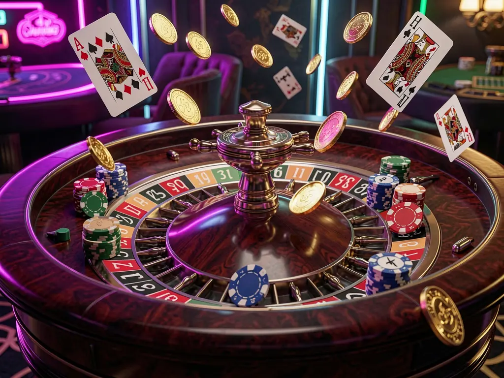 Meja roulette kasino 999LS yang elegan dengan chip, kartu, dan koin emas beterbangan di udara di bawah pencahayaan neon dramatis dalam render 3D beresolusi tinggi