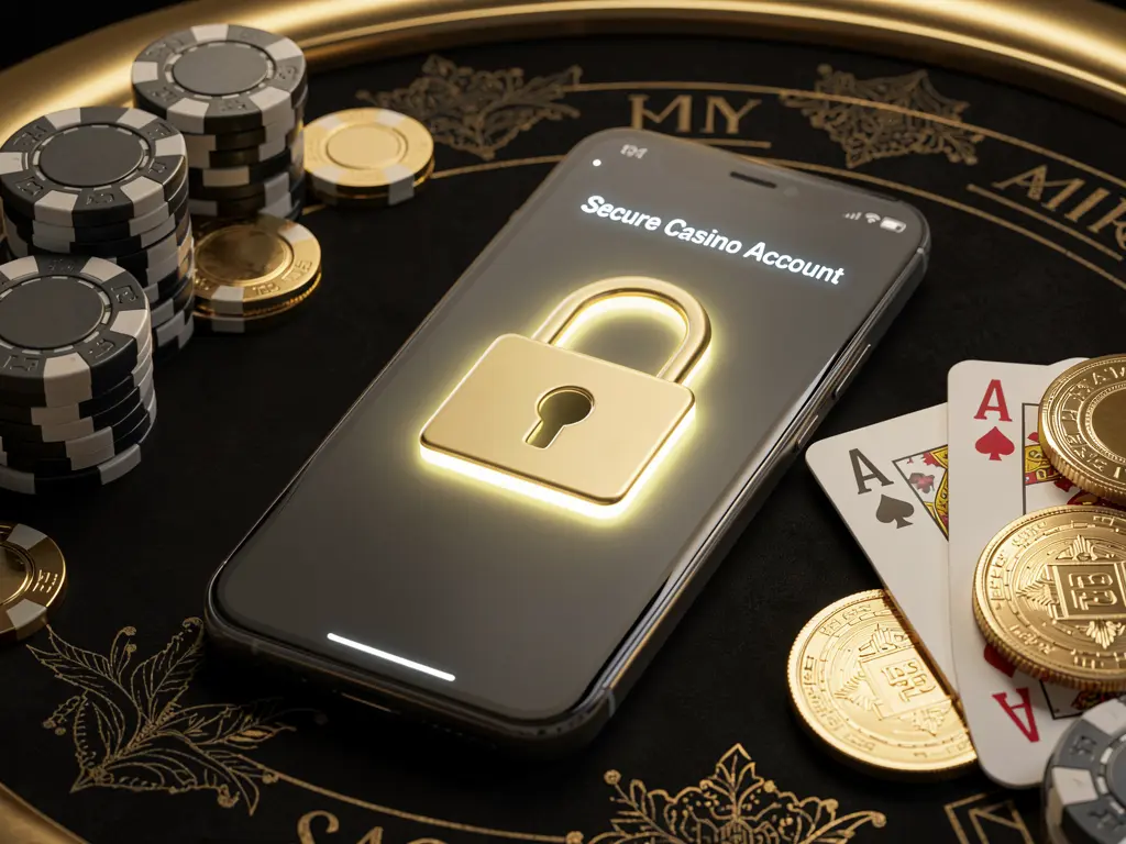 Konsep masuk akun kasino aman dengan ikon gembok bercahaya di layar ponsel pintar yang dikelilingi chip poker, kartu permainan, dan koin emas pada latar belakang hitam dan emas elegan yang menampilkan merek 999LS