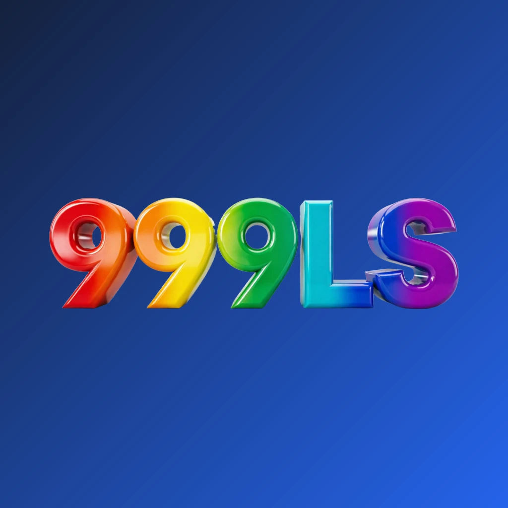 Logo 3D mencolok dengan teks 999LS menggunakan font tebal besar berwarna gradasi pelangi yang berkilau dengan tekstur plastik mengkilap, bayangan dan sorotan kuat, latar belakang transparan, desain horizontal persegi panjang untuk header situs web